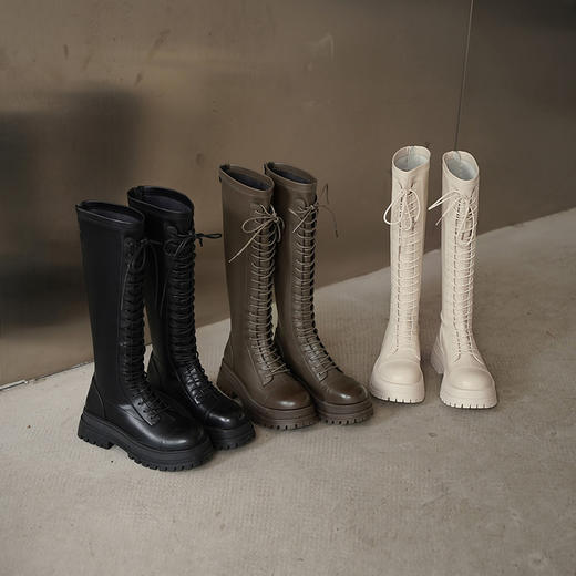 西遇长筒马丁靴女新款秋季弹力高筒骑士靴厚底不过膝长靴子D1933853 商品图4