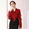 百姿 时尚V领衬衫2023春季新款荷叶边长袖名媛蝴蝶结长袖雪纺衫女 商品缩略图1
