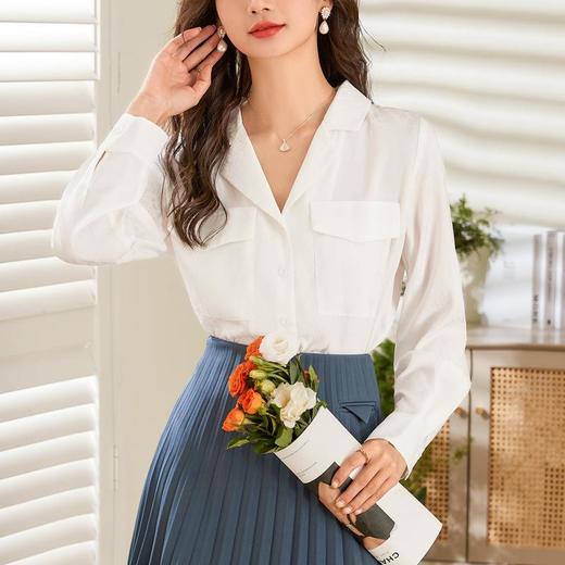 百姿 小西装领长袖衬衫2023春季新款纯色简约百搭大口袋职业衬衣 商品图1