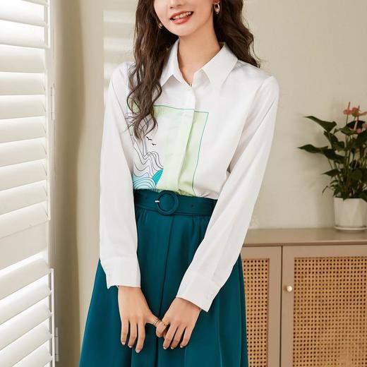 百姿 绘画翻领衬衫2023秋季新款纯色气质OL长袖上衣衬衫女231032 商品图1