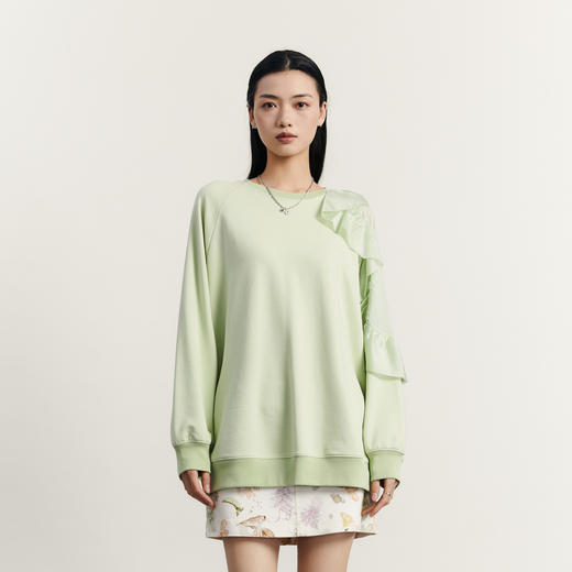 谜底中长款卫衣女2023秋款时尚浪漫荷叶边圆领宽松长袖233MV1053 商品图0