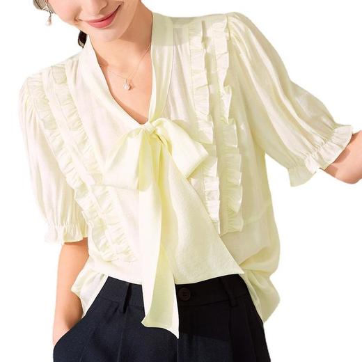 百姿 蝴蝶结木耳边衬衫女2023夏季新款法式优雅直筒短袖女装衬衣 商品图4