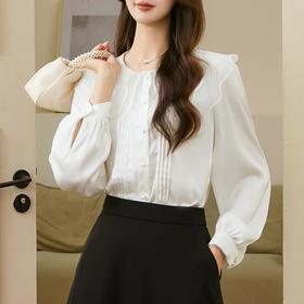 百姿 娃娃领减龄长袖衬衫2023秋季新款直筒纯色优雅上衣女231224