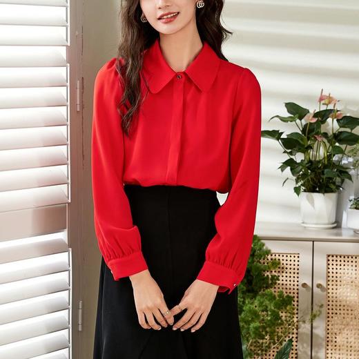 百姿 娃娃领长袖衬衫2023春季新款红色结婚喜庆显瘦直筒衬衣女 商品图1