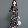 秋季新款，长袖裙时尚气质长袖中长款黑底粉花A字裙印花连衣裙QYM-TYH-231347-Y 商品缩略图0