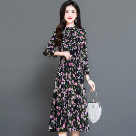 秋季新款，长袖裙时尚气质长袖中长款黑底粉花A字裙印花连衣裙QYM-TYH-231347-Y