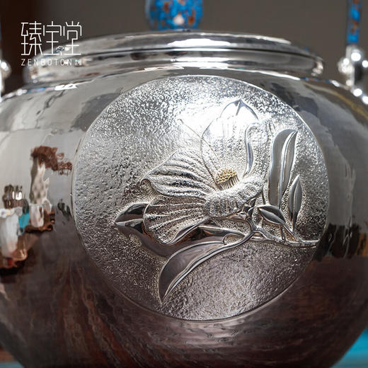 【样品特惠4折，仅1件，无货退款】臻宝堂9999纯银烧水壶纯手工錾刻大漆提梁玉茗壶-重约562克1000ml 商品图4