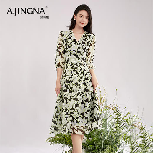 【积分兑换】阿菁娜时尚气质优雅V领桑蚕丝印花连衣裙A28X112092 商品图4