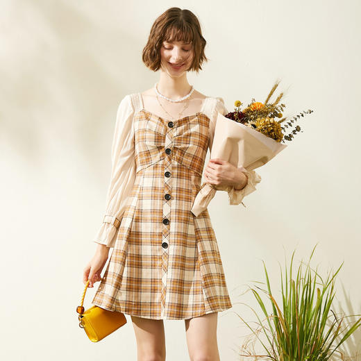 欧芮儿2019秋新品方领长袖格子连衣裙女中长款小个子拼接包臀裙 商品图0