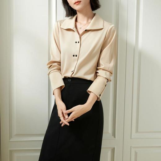 百姿 长袖衬衫女20022秋装新款气质纯色开衫翻领衬衫袖直筒上衣女 商品图1