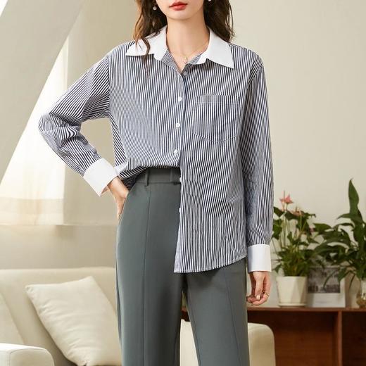 百姿 竖纹长袖衬衫2023秋季新款都市翻领单排扣纯棉直筒衬衣女 商品图2