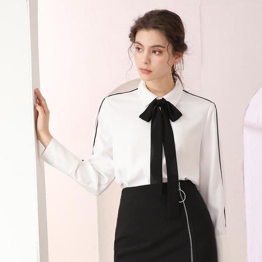 百姿 气质优雅POLO领纯色长袖衬衫2023年春季OL蝴蝶结开衫衬衣女装 商品图1