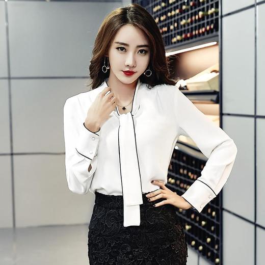 百姿 2023春季新款女装职业系带雪纺衬衫韩版修身长袖白色衬衣女 商品图1