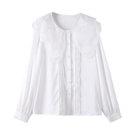 百姿 娃娃领减龄长袖衬衫2023秋季新款直筒纯色优雅上衣女231224 商品图4