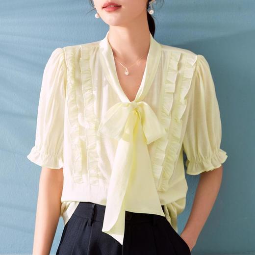 百姿 蝴蝶结木耳边衬衫女2023夏季新款法式优雅直筒短袖女装衬衣 商品图0