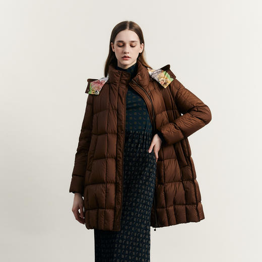 谜底中长款羽绒服女2023秋新款时尚花色拼接连帽面包服233MY1021 商品图1