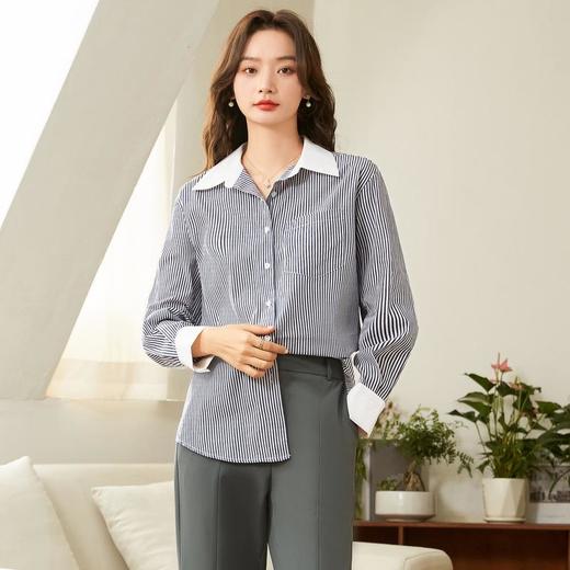 百姿 竖纹长袖衬衫2023秋季新款都市翻领单排扣纯棉直筒衬衣女 商品图3