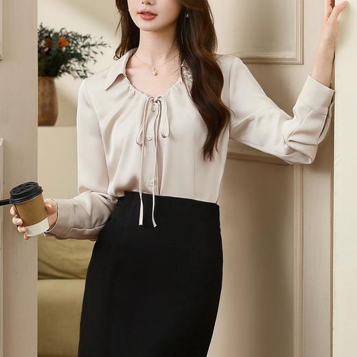 百姿 气质V领抽褶长袖衬衫2023秋季新款小众蝴蝶结雪纺衫女231226 商品图3