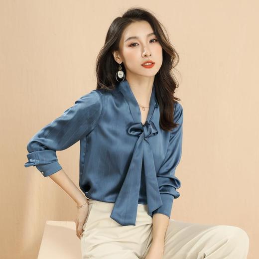 百姿 2023秋季女装V领上衣套头蝴蝶结系带雪纺长袖气质衬衫女 商品图1