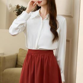 百姿 都市丽人刺绣翻领长袖衬衫女2023早秋新款纯色上衣231222