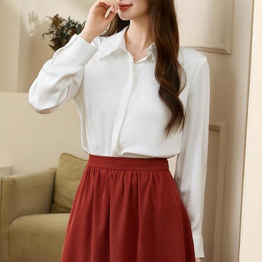 百姿 都市丽人刺绣翻领长袖衬衫女2023早秋新款纯色上衣231222 商品图0