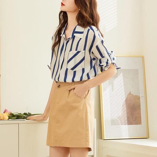 百姿 条纹薄款衬衫女2023夏季新款韩版宽松通勤小众开衫长袖衬衣 商品图1