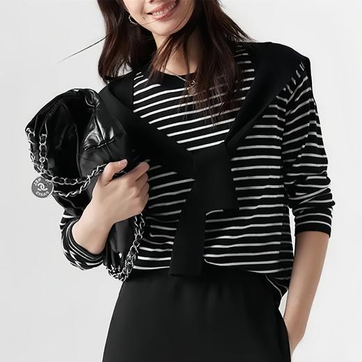 早秋款韩版两件套条纹长袖针织衫女带披肩宽松上衣小众设计感百搭 商品图0