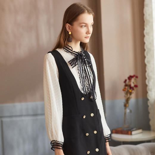 欧芮儿秋女 2018套 两件套灯笼袖波点雪纺衫背带裙中长 商品图0