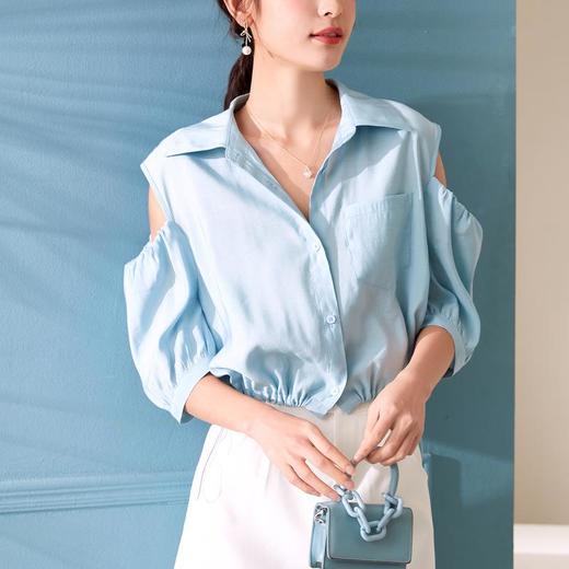 百姿 新款露肩灯笼袖衬衫翻领小众设计感短袖衬衣女装 商品图0