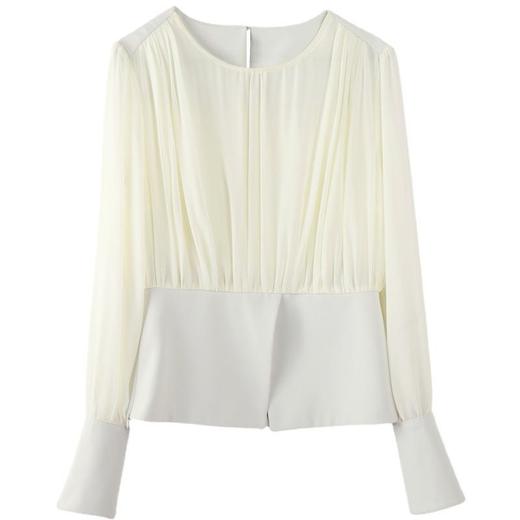 百姿 小众拼接长袖衬衫女2023早秋新款气质优雅简约圆领褶皱上衣 商品图4