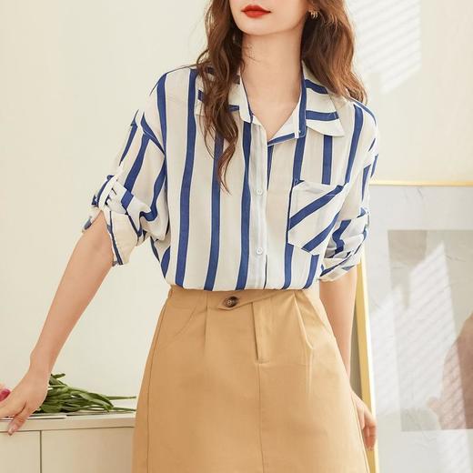 百姿 条纹薄款衬衫女2023夏季新款韩版宽松通勤小众开衫长袖衬衣 商品图2