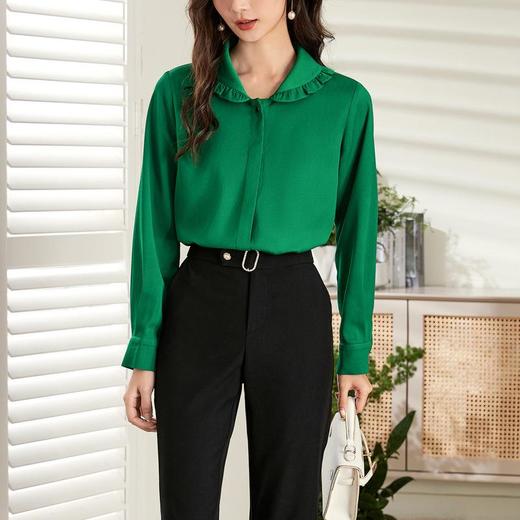 百姿 娃娃领长袖衬衫女2023春季新款韩版纯色显瘦优雅百搭衬衣 商品图2