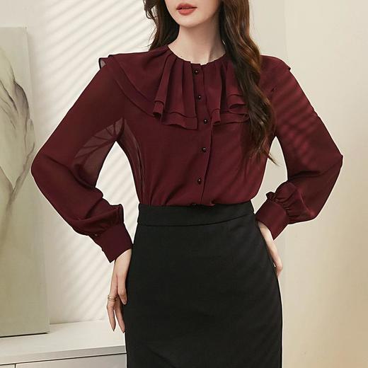 百姿 透视甜美长袖衬衫2023秋季新款气质翻领雪纺衫231303 商品图2