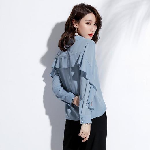 百姿 新款品牌衬衣女装小众设计感荷叶边开衫翻领长袖雪纺衬衫 商品图2