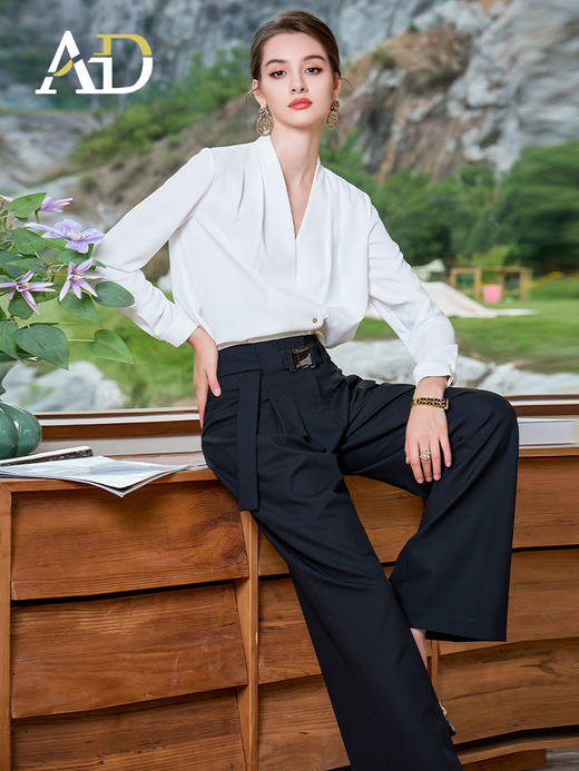 AD白色上衣轻熟法式小众长袖女衬衫时尚洋气阔腿裤显瘦两件套装裤 商品图2