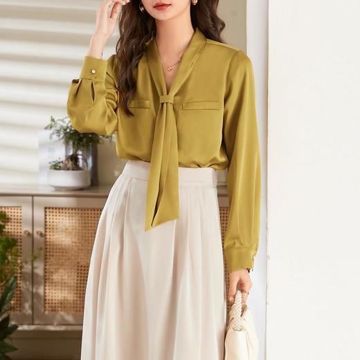 百姿 领带长袖衬衫女2023春季新款韩版都市时尚假口袋雪纺衬衣 商品图1