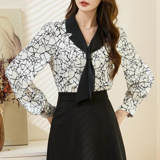 百姿 裂纹V领长袖衬衫2023秋季新款小众印花套头雪纺衫女231254 商品图2