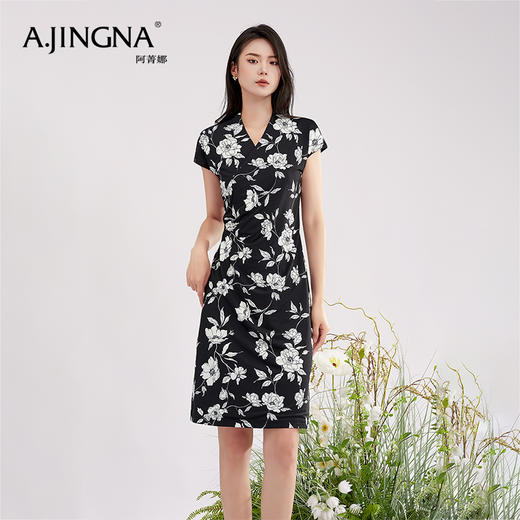 【商场同款】阿菁娜V领花卉印花优雅连衣裙A28X112098 商品图0