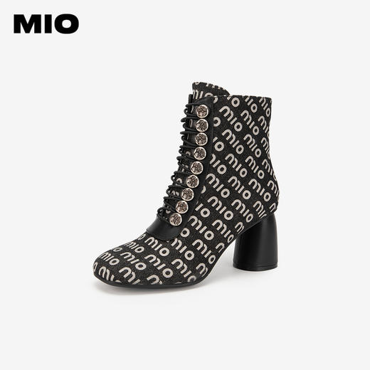 MIO米奥冬季方头短筒时装靴复古摩登金属饰扣宴会高跟靴女M235603045 商品图2
