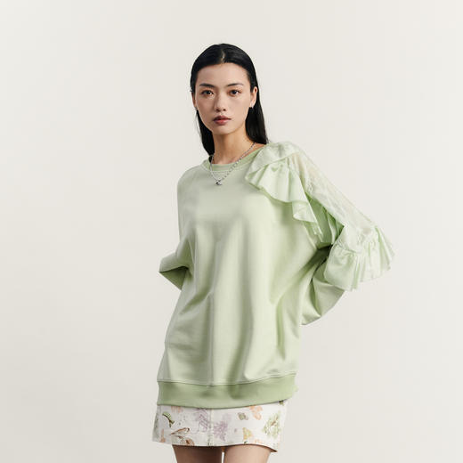 谜底中长款卫衣女2023秋款时尚浪漫荷叶边圆领宽松长袖233MV1053 商品图1