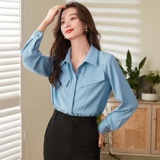 百姿 口袋长袖衬衫2023秋季新款韩版纯色翻领通勤百搭OL直筒衬衣 商品图0