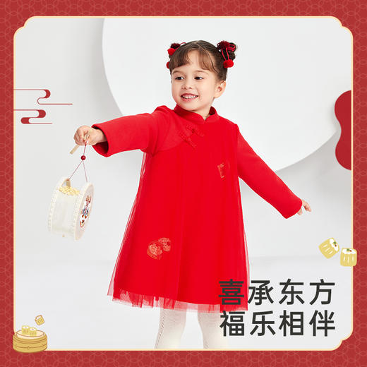 英氏新中式暖感加绒连衣裙女童秋装国风喜庆裙子 商品图1