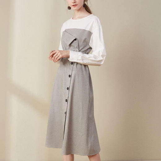 欧芮儿2018秋装新款收腰假两件格子衬衫连衣裙女中长款 商品图3
