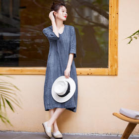 HM-S298秋季原创新款慵懒水洗亚麻做皱须边文艺连衣裙宽松复古袍子七分袖
