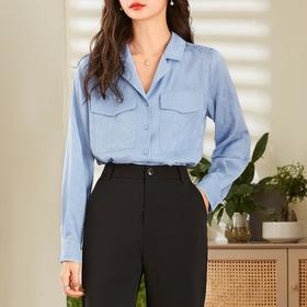百姿 小西装领长袖衬衫2023春季新款纯色简约百搭大口袋职业衬衣