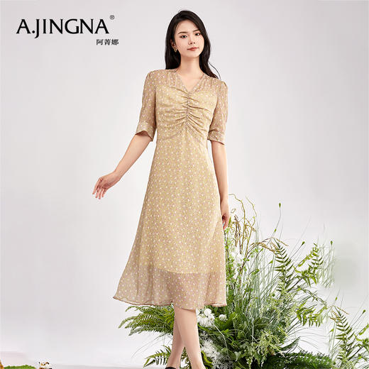 【积分兑换】阿菁娜春夏新款V领收腰碎花桑蚕丝法式连衣裙A28X112021 商品图1