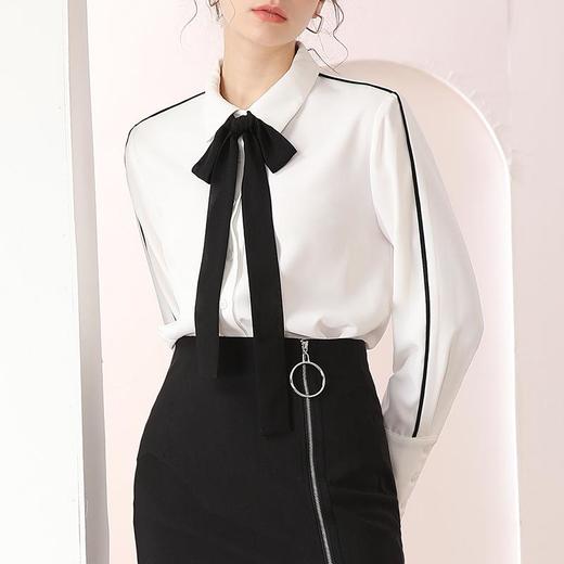 百姿 气质优雅POLO领纯色长袖衬衫2023年春季OL蝴蝶结开衫衬衣女装 商品图0