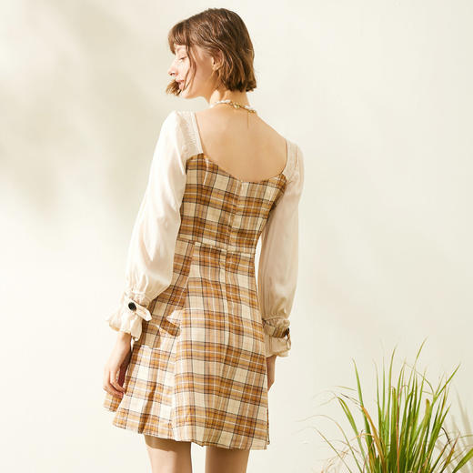 欧芮儿2019秋新品方领长袖格子连衣裙女中长款小个子拼接包臀裙 商品图1