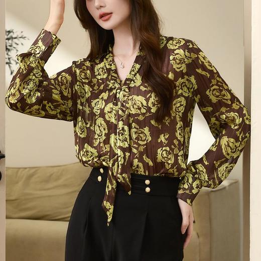 百姿 名媛V领印花长袖衬衫2023秋季新款领带气质长袖上衣女231220 商品图0
