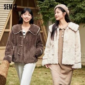 森马外套女仿兔毛大翻领少女感2023冬新款牛角扣肌理夹克文艺甜美